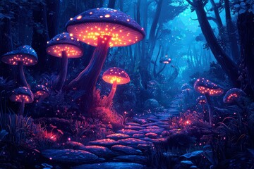 Fototapeta premium Luminous Mushrooms Illuminating a Stone Path Through a Dark Forest