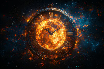 A traditional clock face gradually transforming into a swirling galaxy, representing the infinite nature of time and existence.