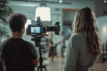 Corporate staff recording internal training video