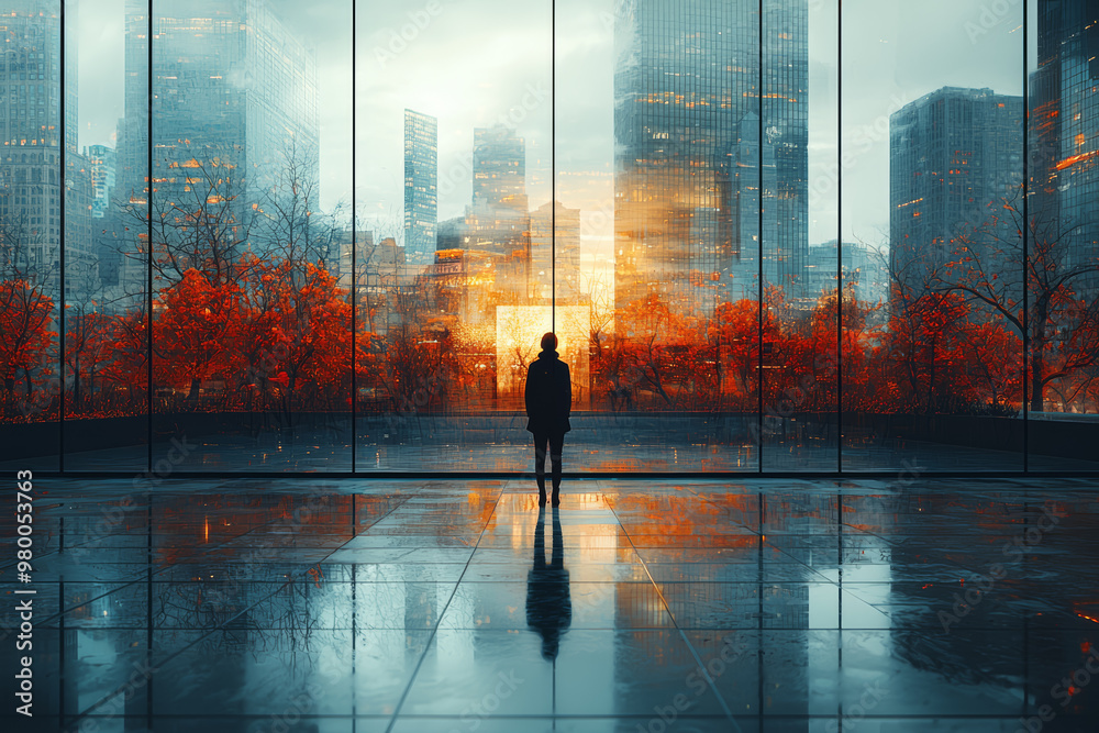 Canvas Prints A solitary figure standing in front of a large, reflective glass building, with the cityscape and their own reflection blending together, representing self-awareness.