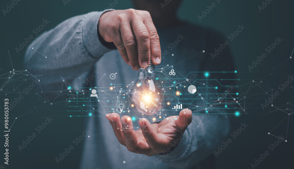 Poster Business global internet connection application technology and digital marketing, Hand holding lightbulb with business icon on network connection, Idea for business target, Digital link tech.