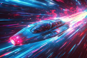 Futuristic Spaceship Traveling Through Neon-Lit Space