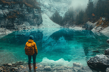 A reflective image of a person gazing into a crystal-clear lake, with their own image perfectly mirrored, symbolizing self-exploration and clarity.