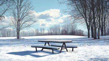 Naklejka premium Snowy Park Bench Winter Landscape