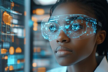 Focused Black Female Scientist Wearing AR Glasses Analyzes Data in Futuristic Server Room.