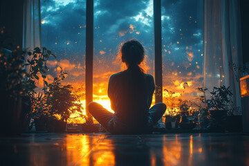 A person sitting in a cozy room, with a window showing a stormy sky, while the interior reflects a warm, comforting light, illustrating inner peace amidst external chaos.