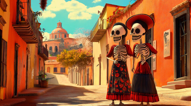 Two catrinas in traditional Mexican attire celebrating the Day of the Dead on a colorful street with Mexican architecture and a church dome in the background