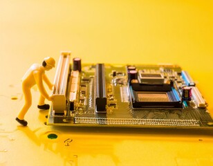 A conceptual image featuring miniature worker figures inspecting a fault on a computer mainboard. generative ai