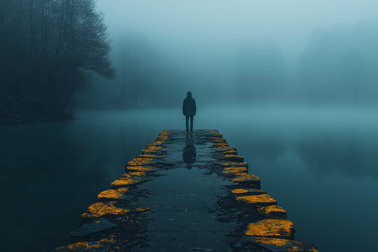 A figure standing alone on a foggy pier, looking out over the water with the mist reflecting their pensive mood, representing solitude and reflection.