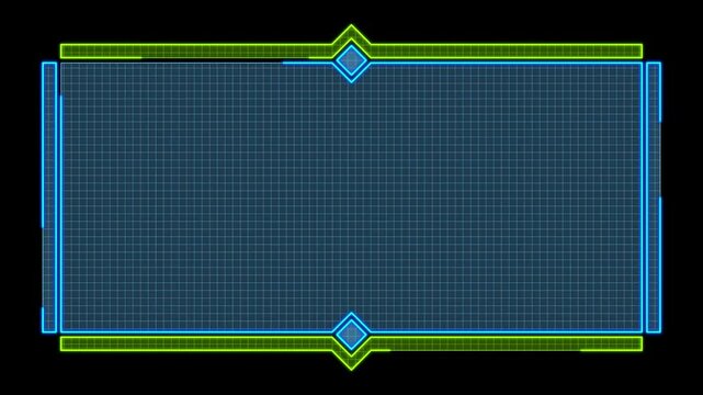 Digital glowing neon tech frames backdrop set. Continuous seamless loop from 1 to 7-second mark.