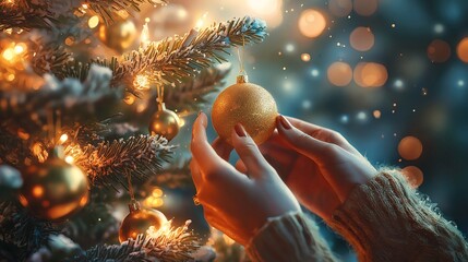 Hands Decorating Christmas Tree Gold Baubles