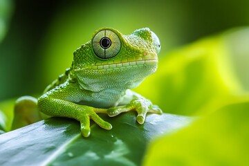 Close up of a green tree frog with large, black eyes on a leaf in a rainforest