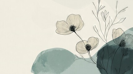 Naklejka premium Three flowers on white-blue background with black-white design at bottom