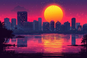 Obraz premium City Skyline at Sunset with a Large Yellow Sun and Palm Trees