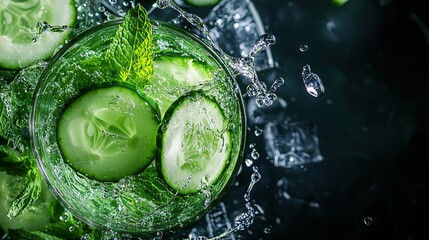   Cucumber slices in a glass filled with ice and water, with water splashing on top