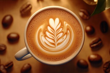 Aromatic Latte Art Coffee with Intricate Foam Design, Coffee Beans Scattered on Rustic Wooden Table