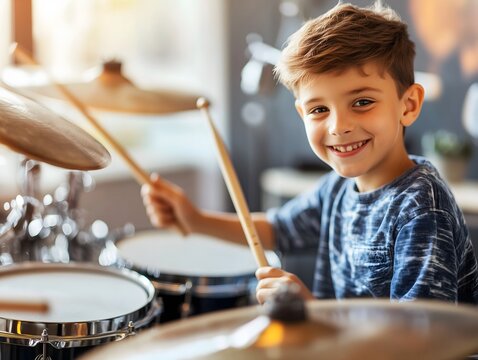 Happy young child playing drums indoors with a joyful smile, showcasing musical talent and enthusiasm for music. Studying at music school promotion picture.