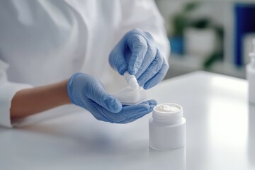 Dermatologist tests cosmetic cream on hand indoors at a table