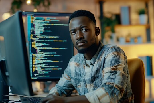 African American Male Programmer Working at Computer, Code on Screen, Software Development, IT