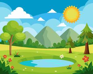 Naklejka premium Horizontal spring summer landscape. Sunset, pink sky. Mountains, lake, forest, flying butterflies. Clear weather. Color vector illustration. Nature background with empty space for text stock illustrat