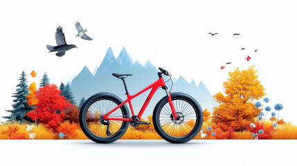 Fototapeta premium Illustration of a red mountain bike against an autumn landscape with colorful trees, mountains, and birds, evoking adventure and nature.