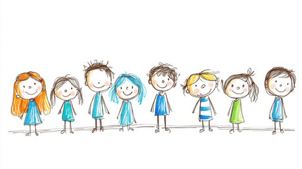 A playful drawing of stick figure children holding hands, representing childhood, friendship, and creativity with a white background.