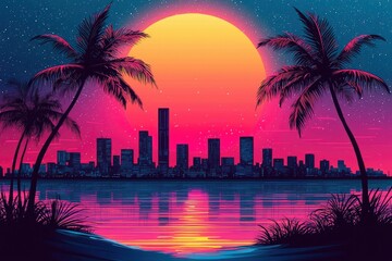 Nighttime Skyline with Palm Trees and a Large Yellow Moon