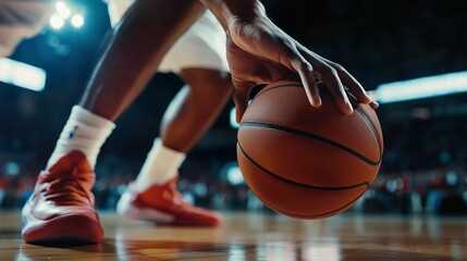 Close-up of a basketball player dribbling during an intense game moment, highlighting the ball, player's hand, and court.