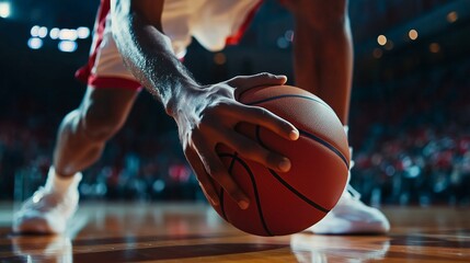 Close-up of a basketball player dribbling on a court, symbolizing focus and determination.