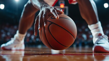Close-up of a basketball player dribbling on the court, symbolizing peak performance and athletic excellence.
