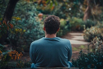 Man sitting alone in a lush green garden.  Tranquility, peace, relaxation, and mindfulness in nature.