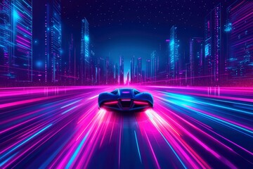 Futuristic Cityscape with Neon Lights and a Speeding Sports Car