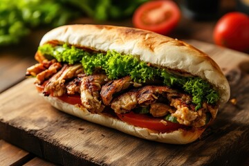 Detailed view of a kebab sandwich on a wooden surface