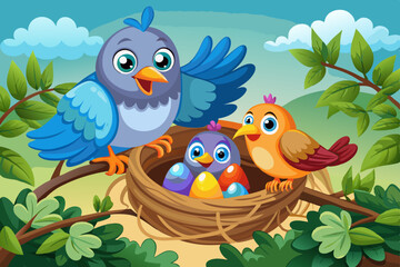Cartoon mother bird with her baby in the nest stock illustration