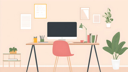 Fototapeta premium Simple office desk with a computer and minimal clutter.