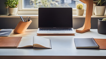 Fototapeta premium Simple office setup with a laptop and notebook.