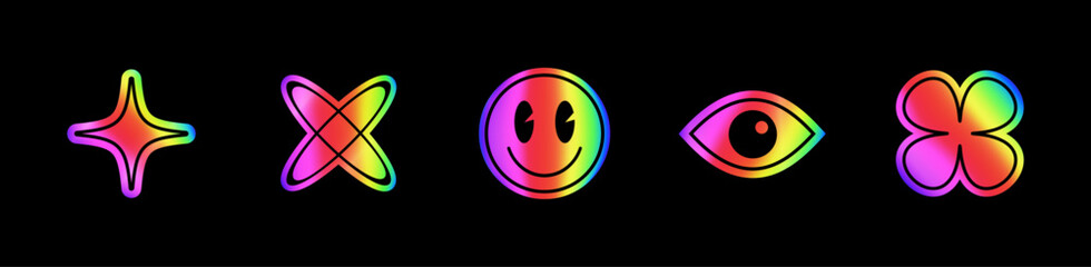 Holographic stickers set with symbols and objects in Y2K style. The hologram tags have distinct shapes and vibrant reflect. Holographic futuristic emblems and labels.Vector illustration.