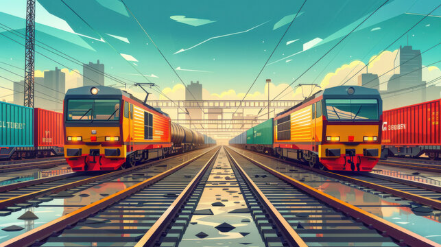 Illustrated scene of two freight trains on parallel tracks at a modern railway station, with cityscape and bright sky in the background.