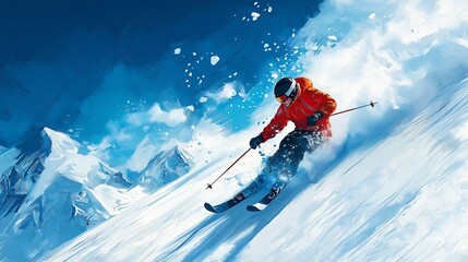 Skiing Down Mountain with Snow Spray