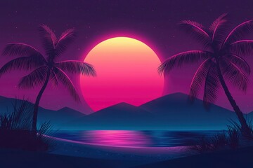 Silhouetted Palm Trees Against a Pink Sunset Over a Calm Ocean