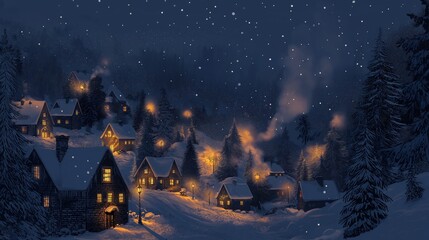 Naklejka premium Cozy Snow Covered Village at Night