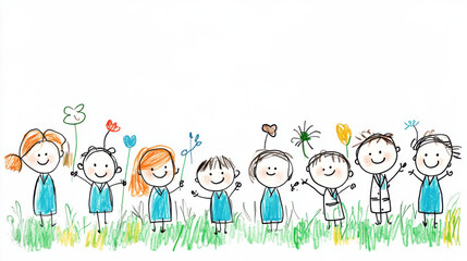 Playful drawing of a group of smiling children holding flowers, standing in grass, symbolizing friendship and happiness.