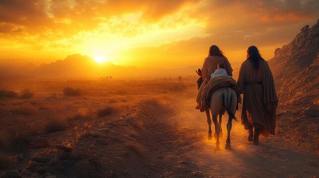 Joseph leads a donkey carrying Mary and baby Jesus through a barren desert at dawn during the escape to Egypt.