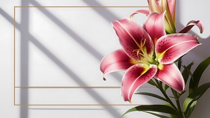 Pink stargazer lily flower with whitespace and subtle shadow. Ideal for a template or border.