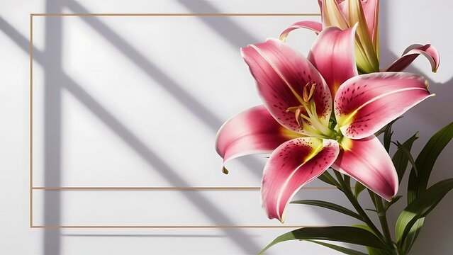 Pink stargazer lily flower with whitespace and subtle shadow. Ideal for a template or border.