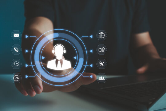 Technical Support Center Customer Service Internet Business Technology Concept. Service support customer help call center Business technology button on virtual screen. Person hand touch on the screen.