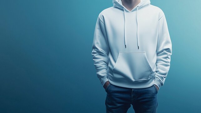 Blank white hoodie mockup on a person against a blue background, ideal for showcasing custom designs.
