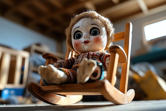 A cracked porcelain doll with wide, unblinking eyes sitting in an old rocking chair, slowly creaking back and forth