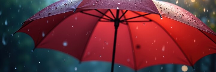 A vibrant red umbrella stands out against a rainy backdrop, symbolizing protection or comfort in adverse weather conditions. Perfect for advertising or weather-related concepts.