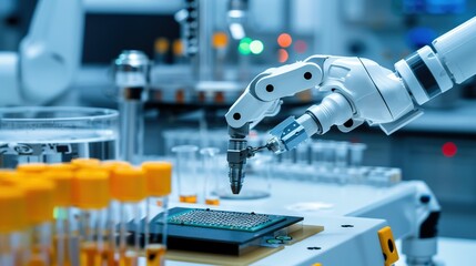   A robot works on equipment in a lab surrounded by test tubes